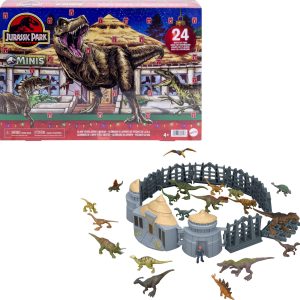 Mattel Jurassic World Advent Calendar, 24 Days of Toy Surprises, 19 Mini Dinosaurs, 1 Human, 4 Scene Pieces, Jurassic Park Island Visitor