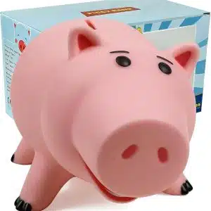 Whimsical pink piggy bank with cartoonish features, perfect for teaching kids about saving money.