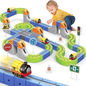 Colorful train track playset with interactive pieces, inspiring creativity and learning for young children.