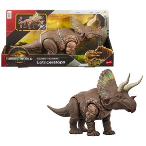 Mattel Jurassic World: The Rebirth Gigantic Thrashers Eotriceratops Dinosaur Toy Figure, Large Dinosaur Species with Two Accitable Anger Attacks, Digital Game, JGB93