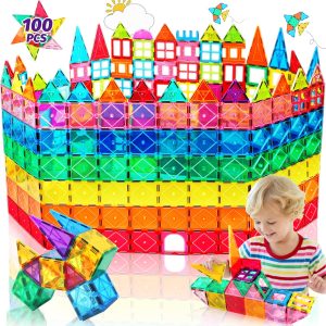 100PCS Magnetic Tiles for Kids Ages 3-8, STEM Educational Magnetic Building Blocks, Preschool Magnet Construction Toys, Learning Building Toys for Toddlers, Christmas Birthday Gifts for Boys Girls