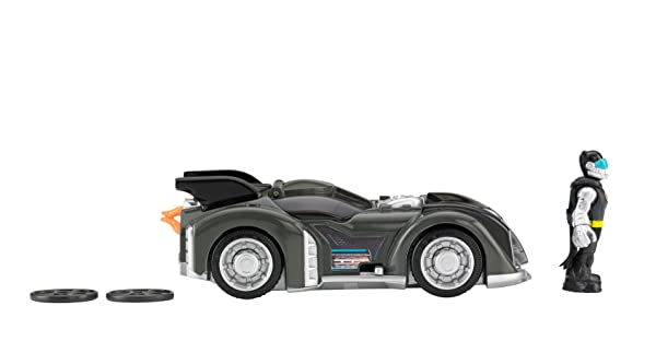 Sleek Batman Batmobile toy with action figure, ready for imaginative superhero adventures.