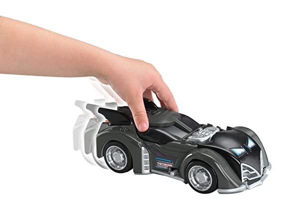 Sleek black superhero toy car with retractable wings for imaginative play and adventure.