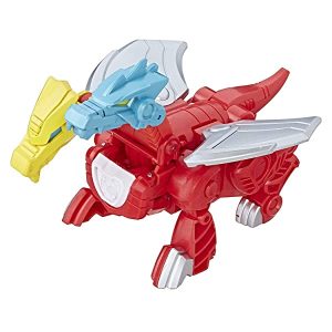 Vibrant red robotic dinosaur toy with blue wings and yellow accessory for imaginative play.