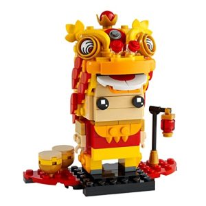 Vibrant LEGO lion dance figure celebrating luck and prosperity during Chinese New Year festivities.